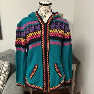 Juanitos Women’s Size Small Wool Alpaca Zippered Colourful Cardigan with Hood